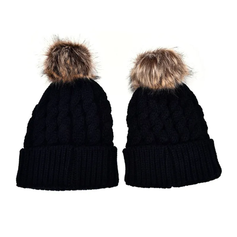 2Pcs Mother Kids Child Baby Warm Knit Beanie Pom Hat Crochet Ski Cap 6 Colors SM6