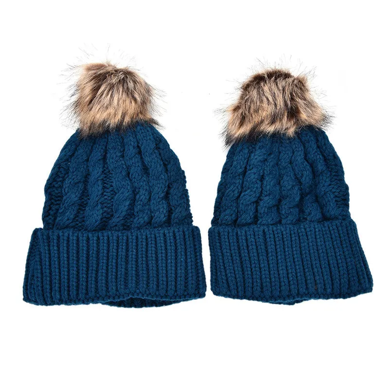 2Pcs Mother Kids Child Baby Warm Knit Beanie Pom Hat Crochet Ski Cap 6 Colors SM6