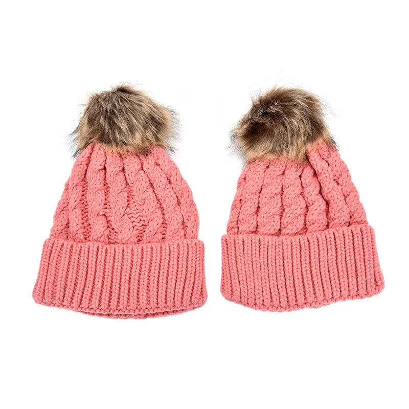 2Pcs Mother Kids Child Baby Warm Knit Beanie Pom Hat Crochet Ski Cap 6 Colors SM6