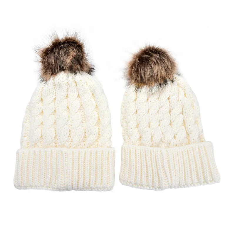 2Pcs Mother Kids Child Baby Warm Knit Beanie Pom Hat Crochet Ski Cap 6 Colors SM6