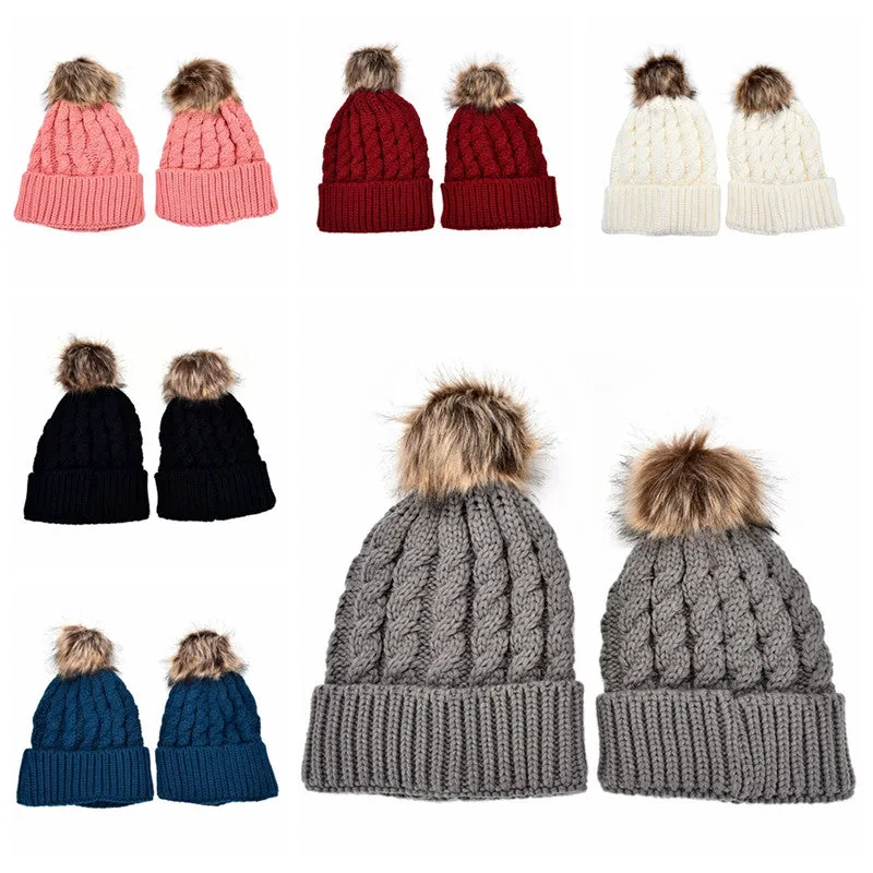 2Pcs Mother Kids Child Baby Warm Knit Beanie Pom Hat Crochet Ski Cap 6 Colors SM6