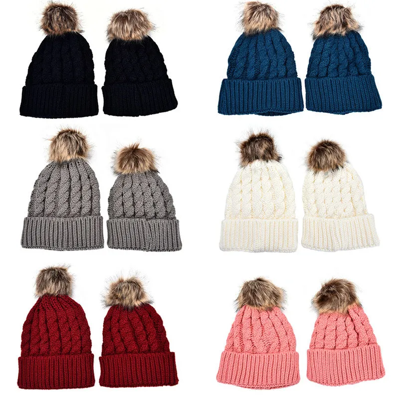 2Pcs Mother Kids Child Baby Warm Knit Beanie Pom Hat Crochet Ski Cap 6 Colors SM6