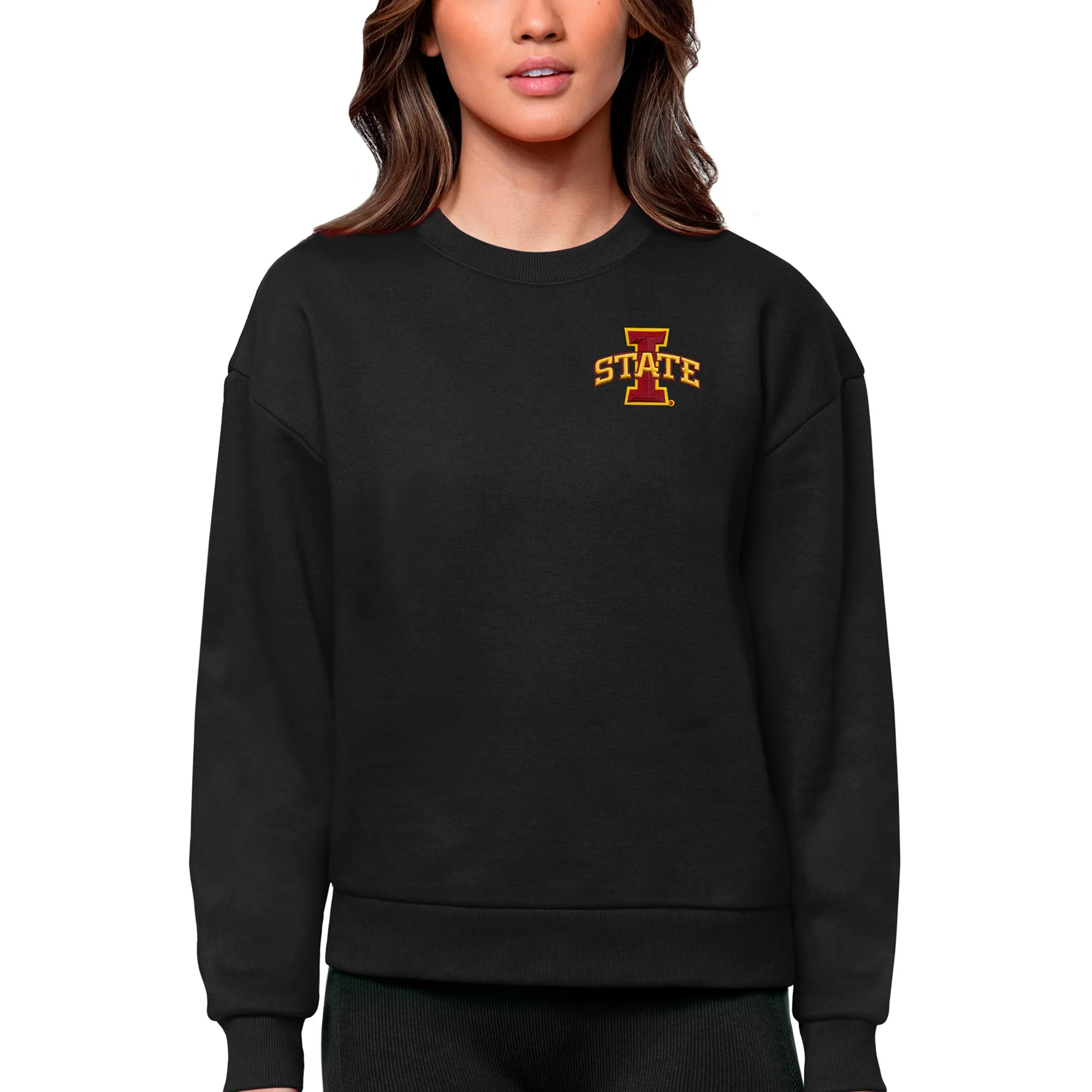 Antigua Iowa State Cyclones Women's Black Logo Victory Crewneck Pullover Sweatshirt