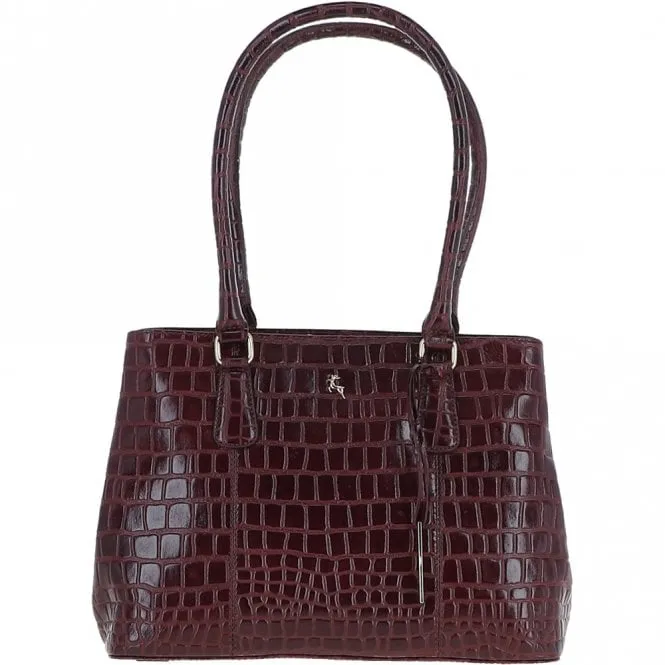 Ashwood Leather Crocodile Print Two Section With Mid Purse Bag Bordeaux: C-54