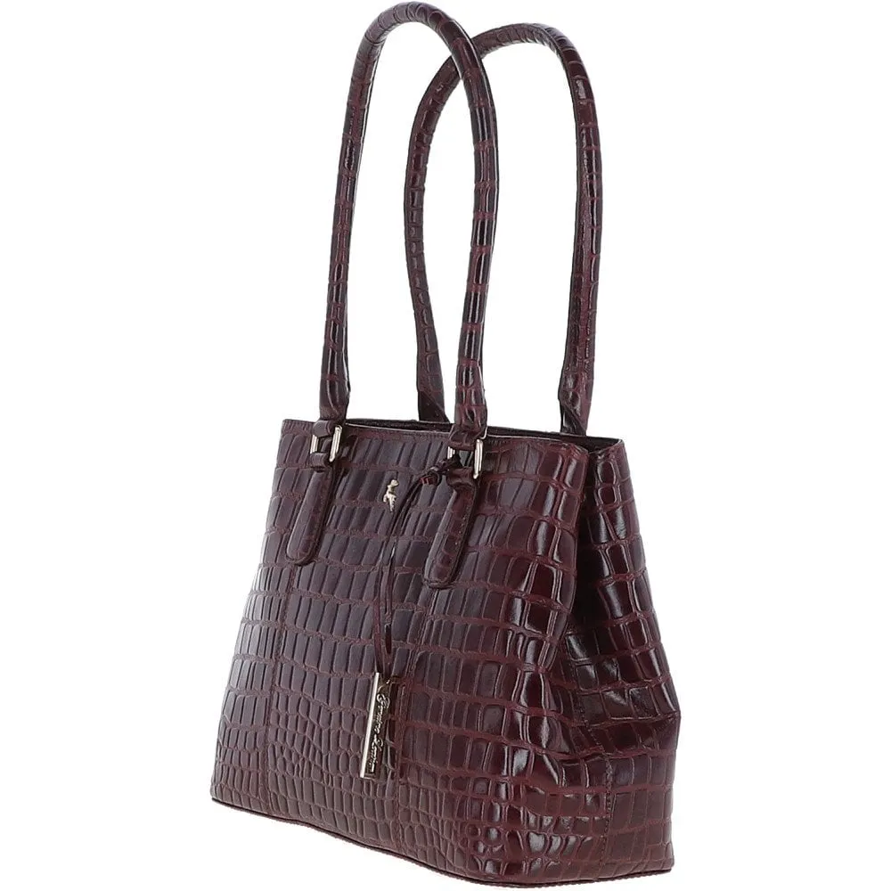 Ashwood Leather Crocodile Print Two Section With Mid Purse Bag Bordeaux: C-54