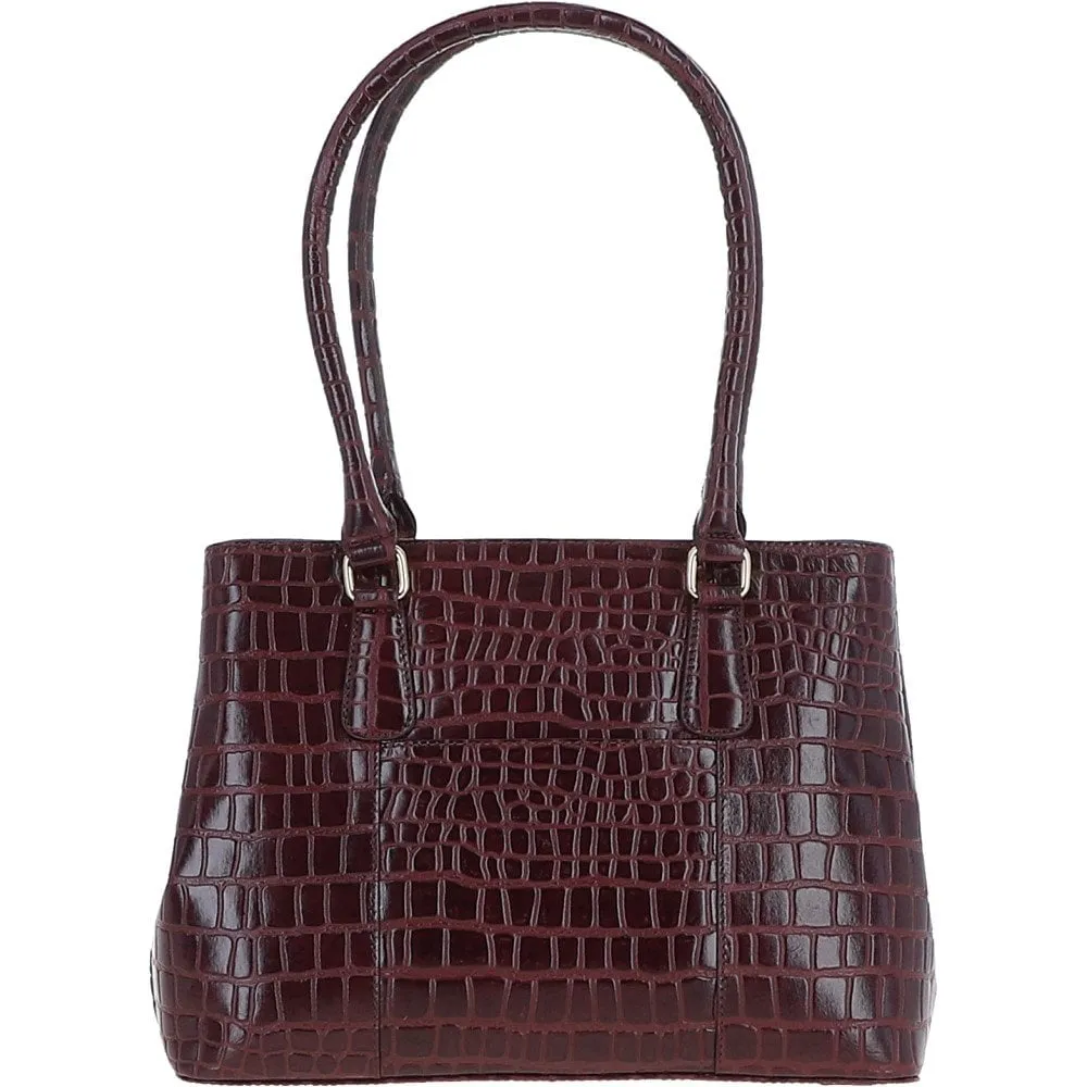 Ashwood Leather Crocodile Print Two Section With Mid Purse Bag Bordeaux: C-54