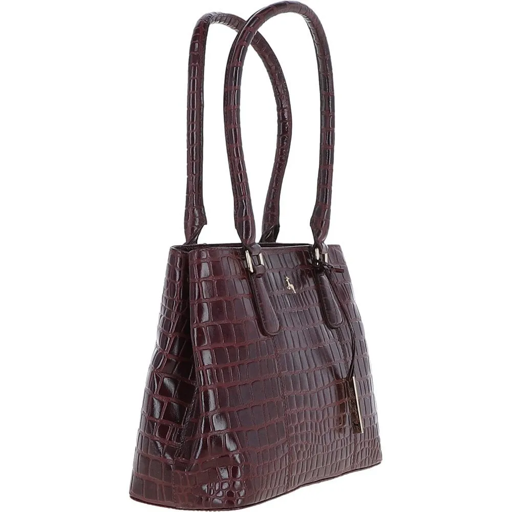 Ashwood Leather Crocodile Print Two Section With Mid Purse Bag Bordeaux: C-54