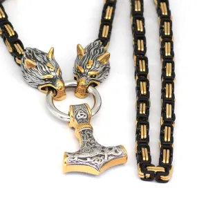 Black Gold Wolf Viking Amulet Thor Hammer Pendant Necklace