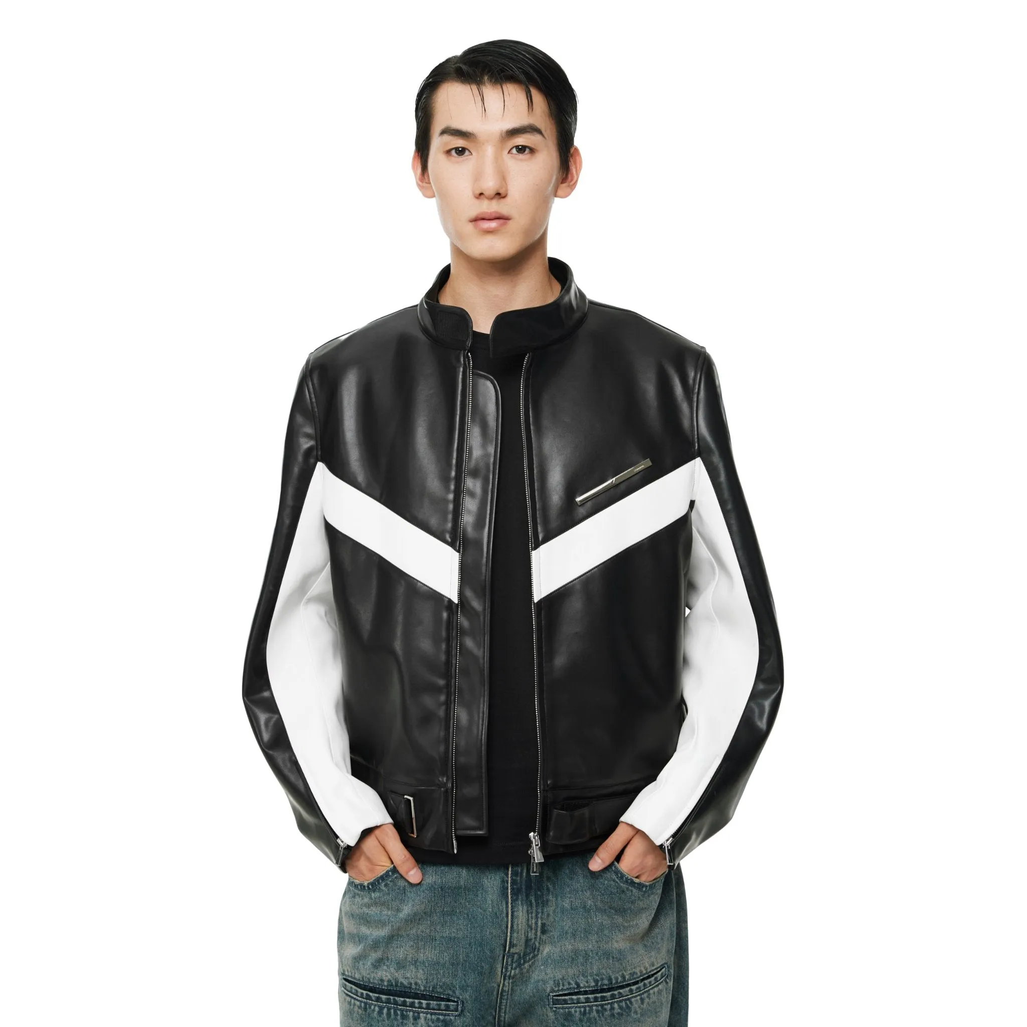 Black Metal Strip Color-block Structural Cut PU Jacket-