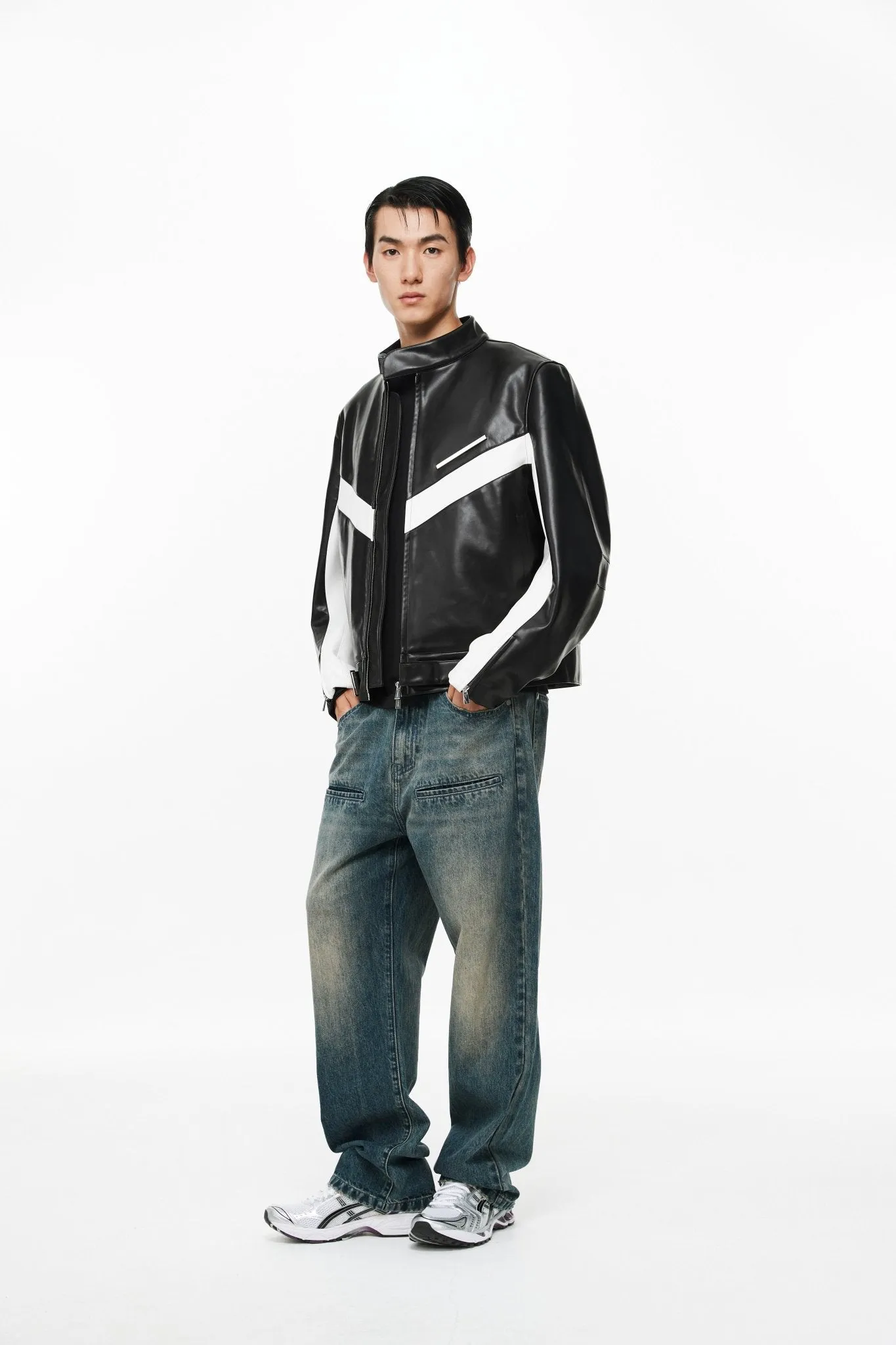 Black Metal Strip Color-block Structural Cut PU Jacket-