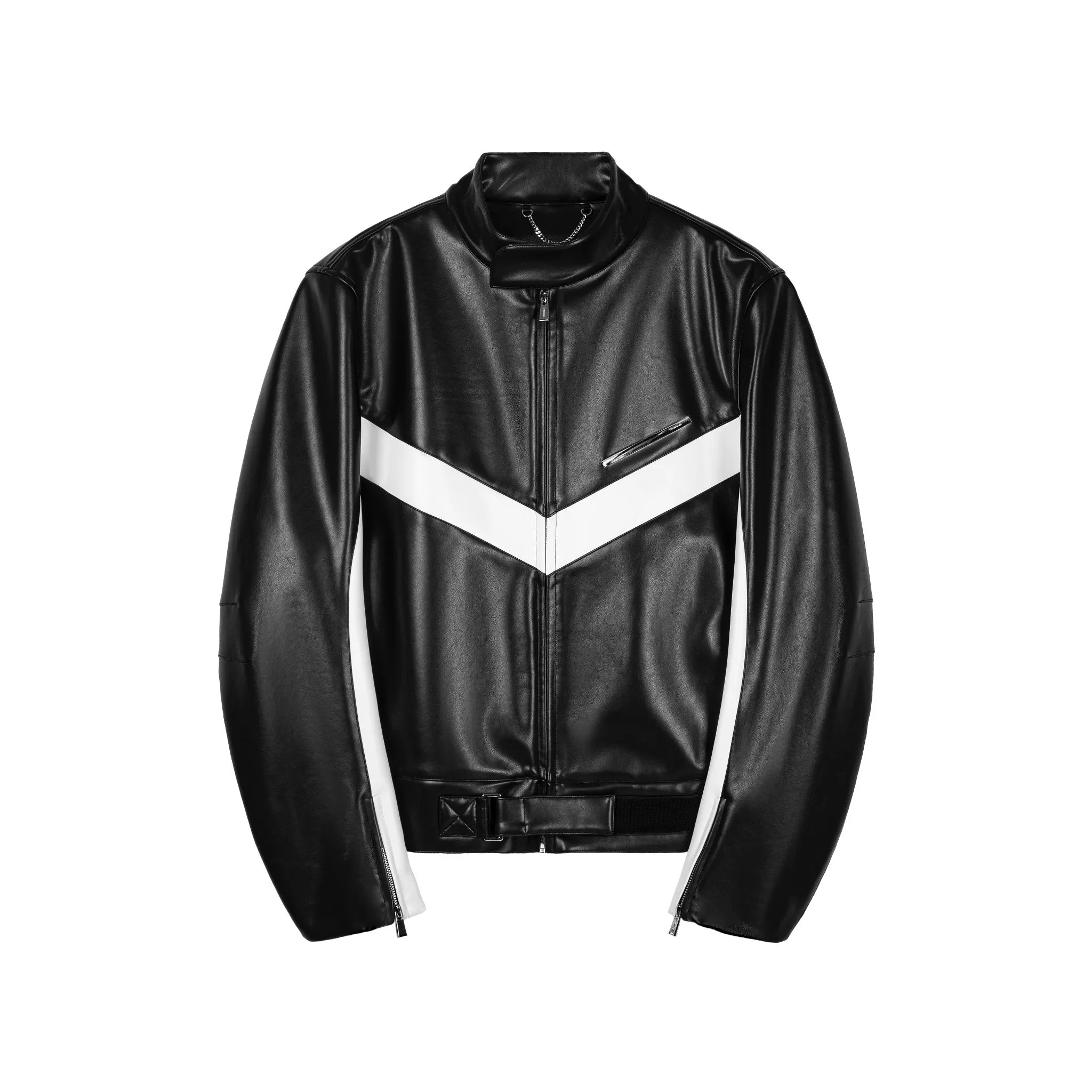 Black Metal Strip Color-block Structural Cut PU Jacket-