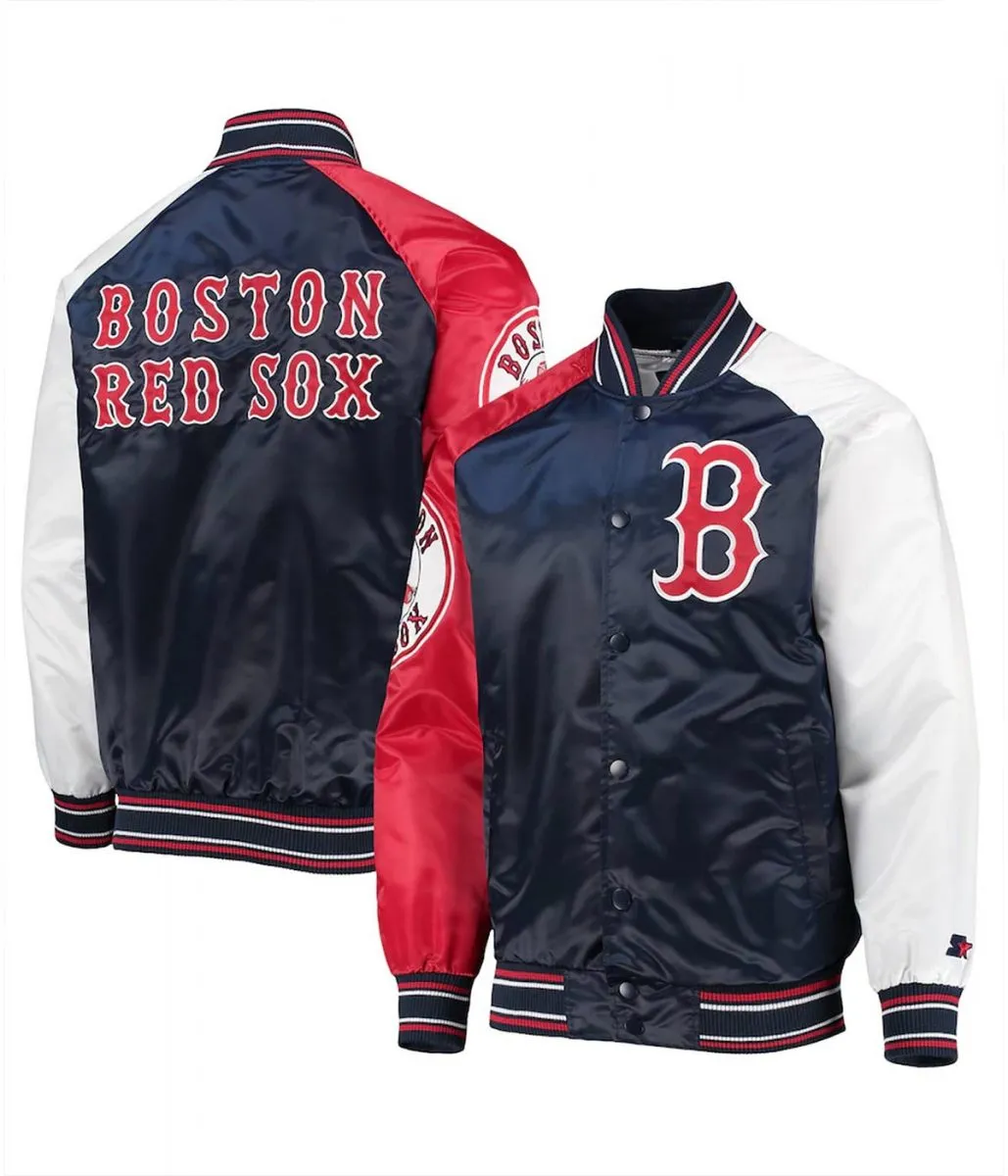 Boston Red Sox Reliever Raglan Satin Blue and Red Jacket