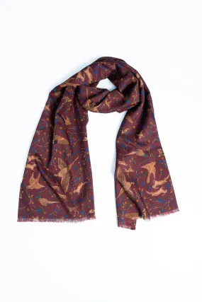 Burgundy Woodland Foxes Wool Silk Scarf