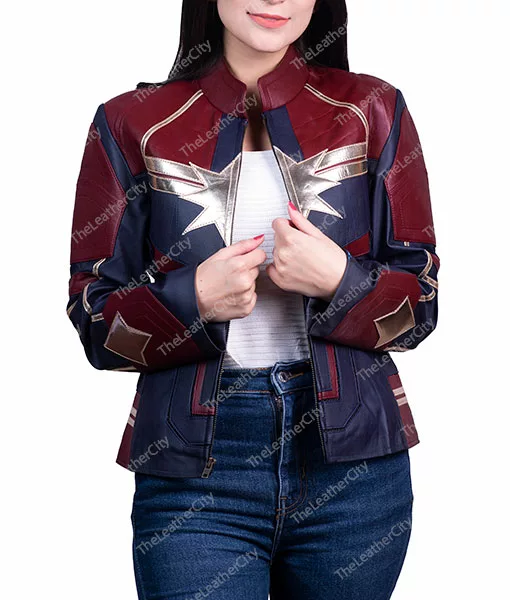 Captain Marvel (Brie Larson) Leather Jacket in Blue and Maroon Color - TheLeatherCity