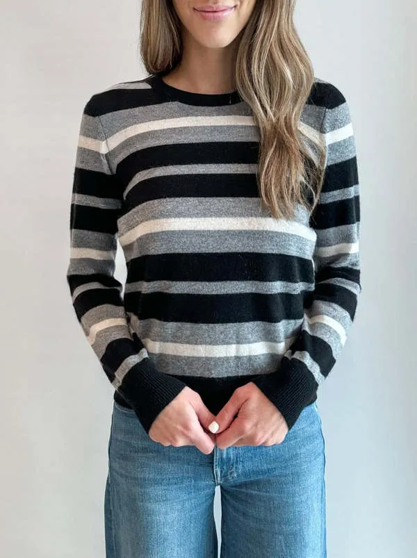 Cashmere Striped Crew Neck Pullover - Black Combo