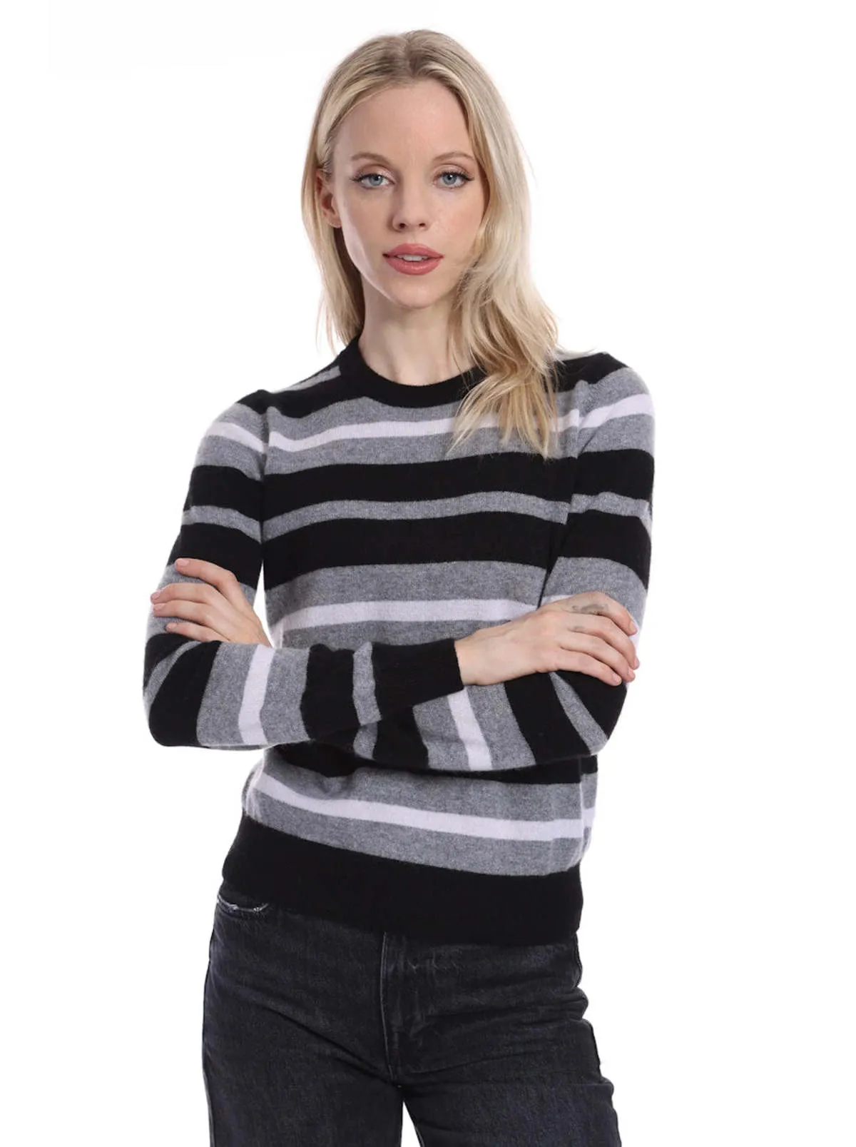 Cashmere Striped Crew Neck Pullover - Black Combo