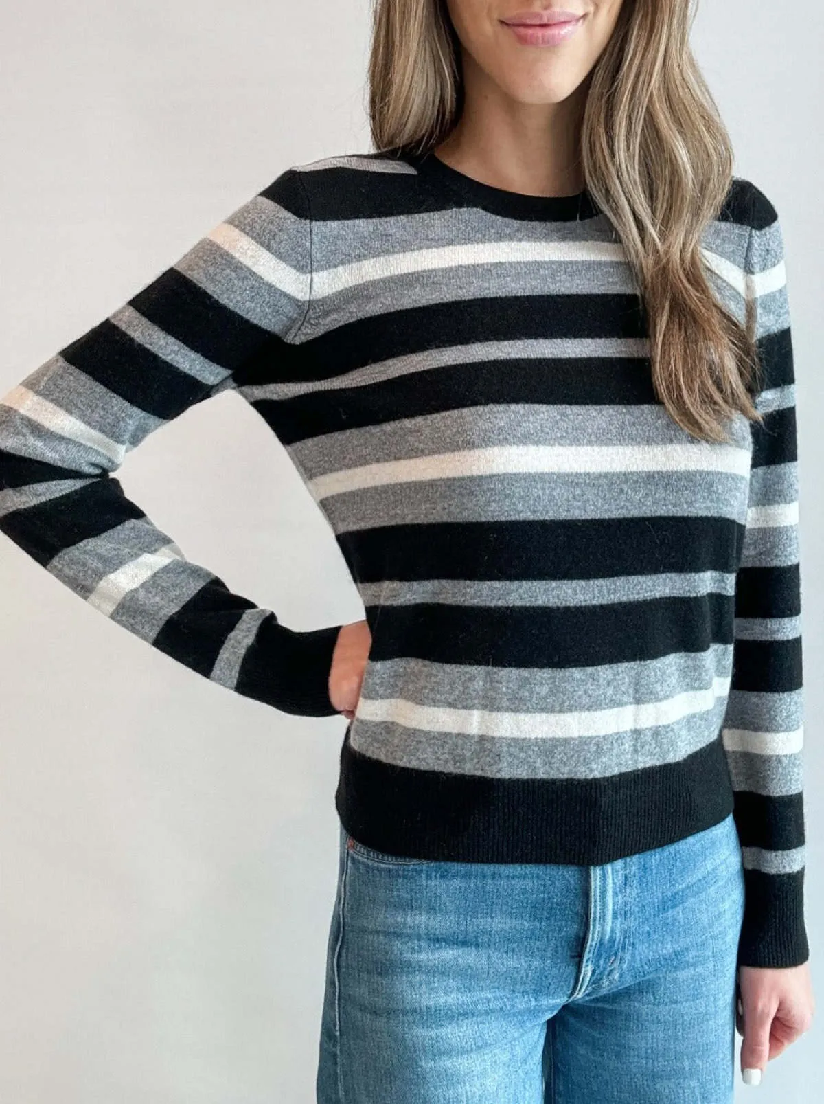 Cashmere Striped Crew Neck Pullover - Black Combo