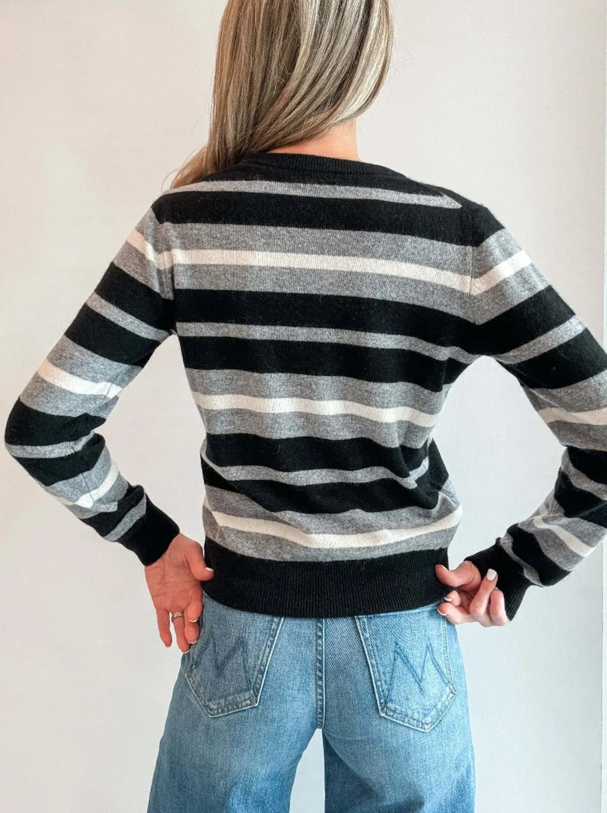 Cashmere Striped Crew Neck Pullover - Black Combo