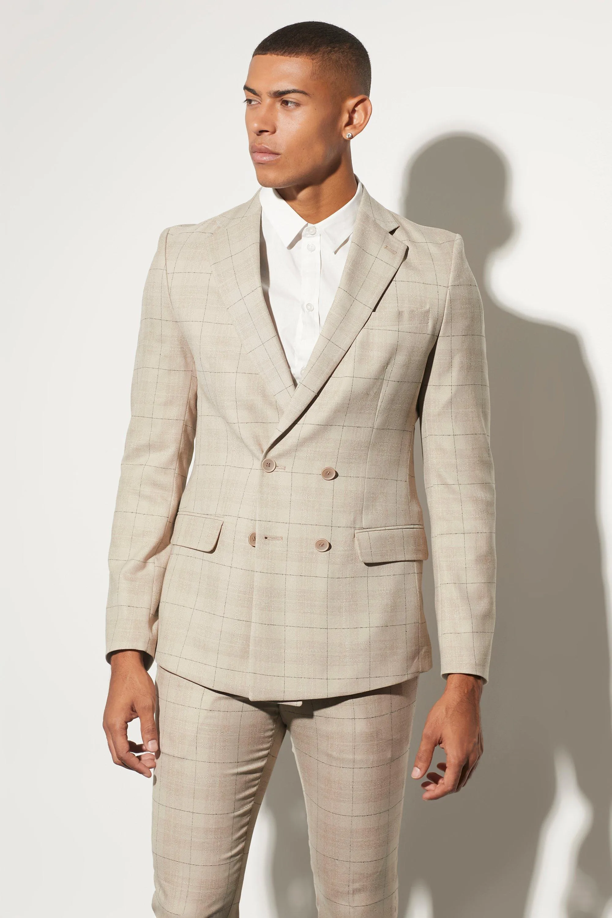 Double Breasted Skinny Check Suit Jacket