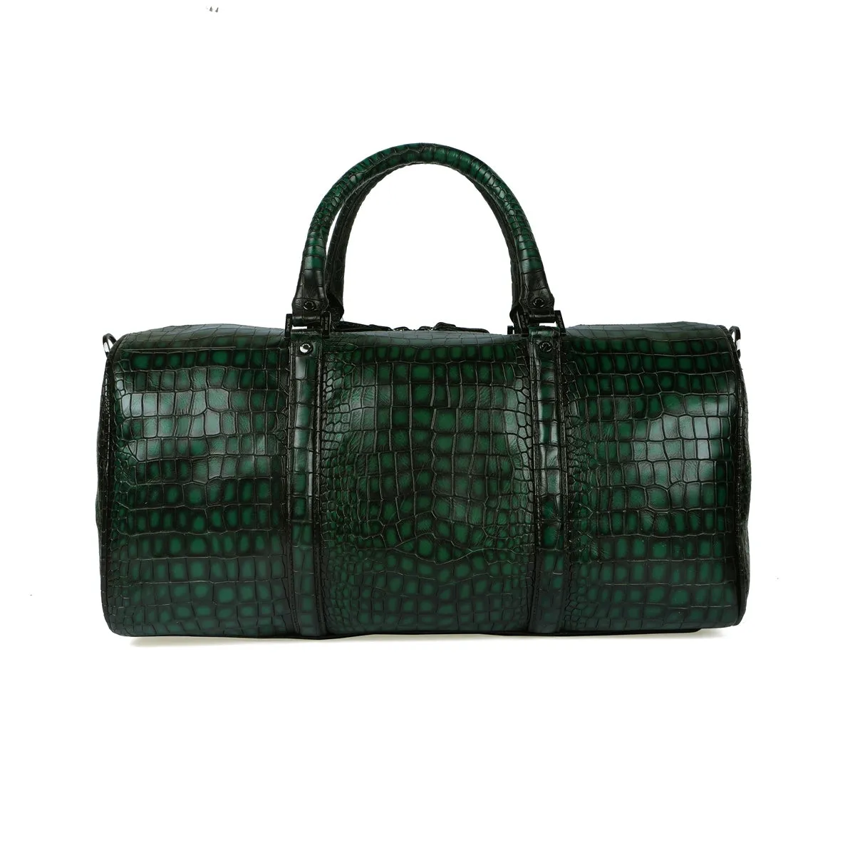 Embossed Lion Smokey Green Croco Textured Leather Duffle Bag with Bag Tag by Brune & Bareskin