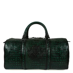 Embossed Lion Smokey Green Croco Textured Leather Duffle Bag with Bag Tag by Brune & Bareskin