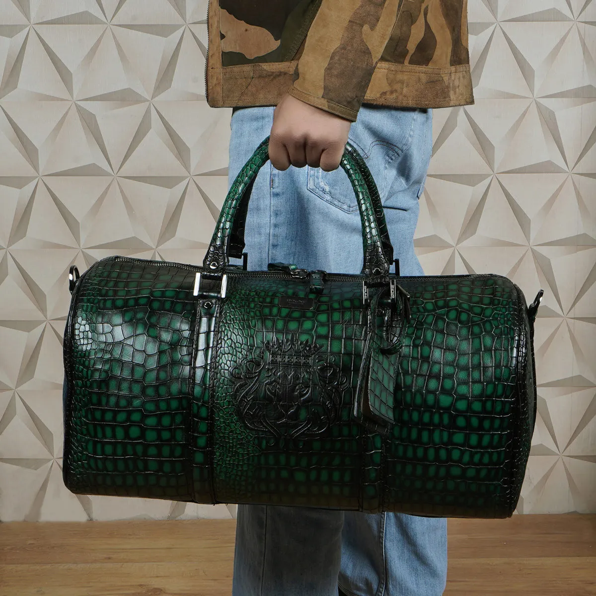 Embossed Lion Smokey Green Croco Textured Leather Duffle Bag with Bag Tag by Brune & Bareskin