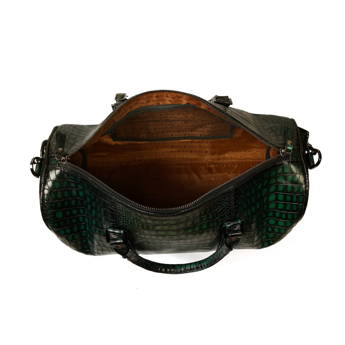 Embossed Lion Smokey Green Croco Textured Leather Duffle Bag with Bag Tag by Brune & Bareskin