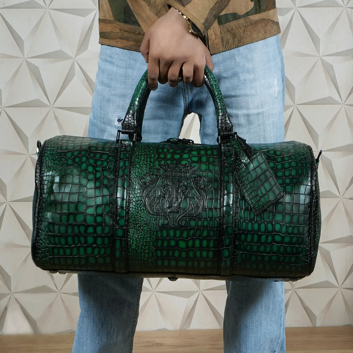 Embossed Lion Smokey Green Croco Textured Leather Duffle Bag with Bag Tag by Brune & Bareskin