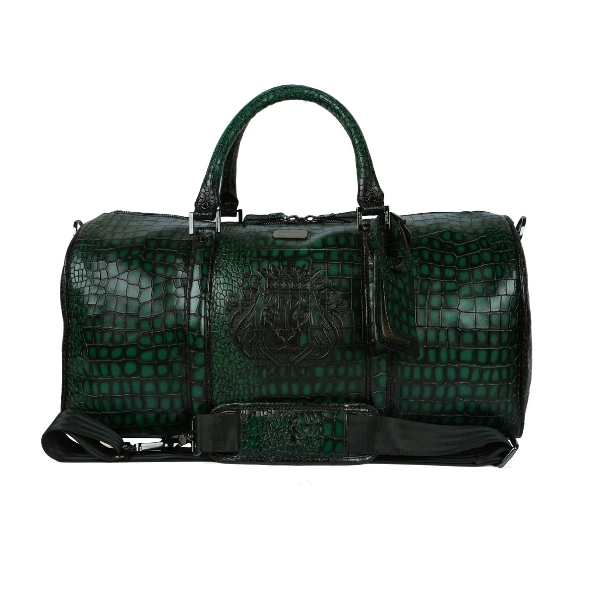 Embossed Lion Smokey Green Croco Textured Leather Duffle Bag with Bag Tag by Brune & Bareskin