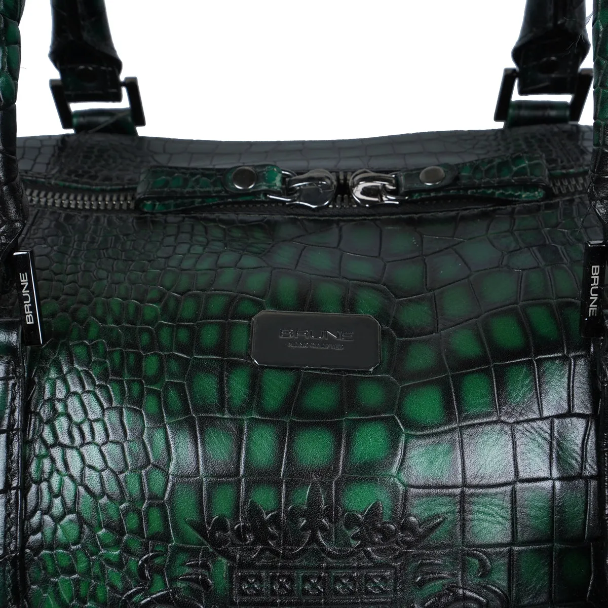 Embossed Lion Smokey Green Croco Textured Leather Duffle Bag with Bag Tag by Brune & Bareskin