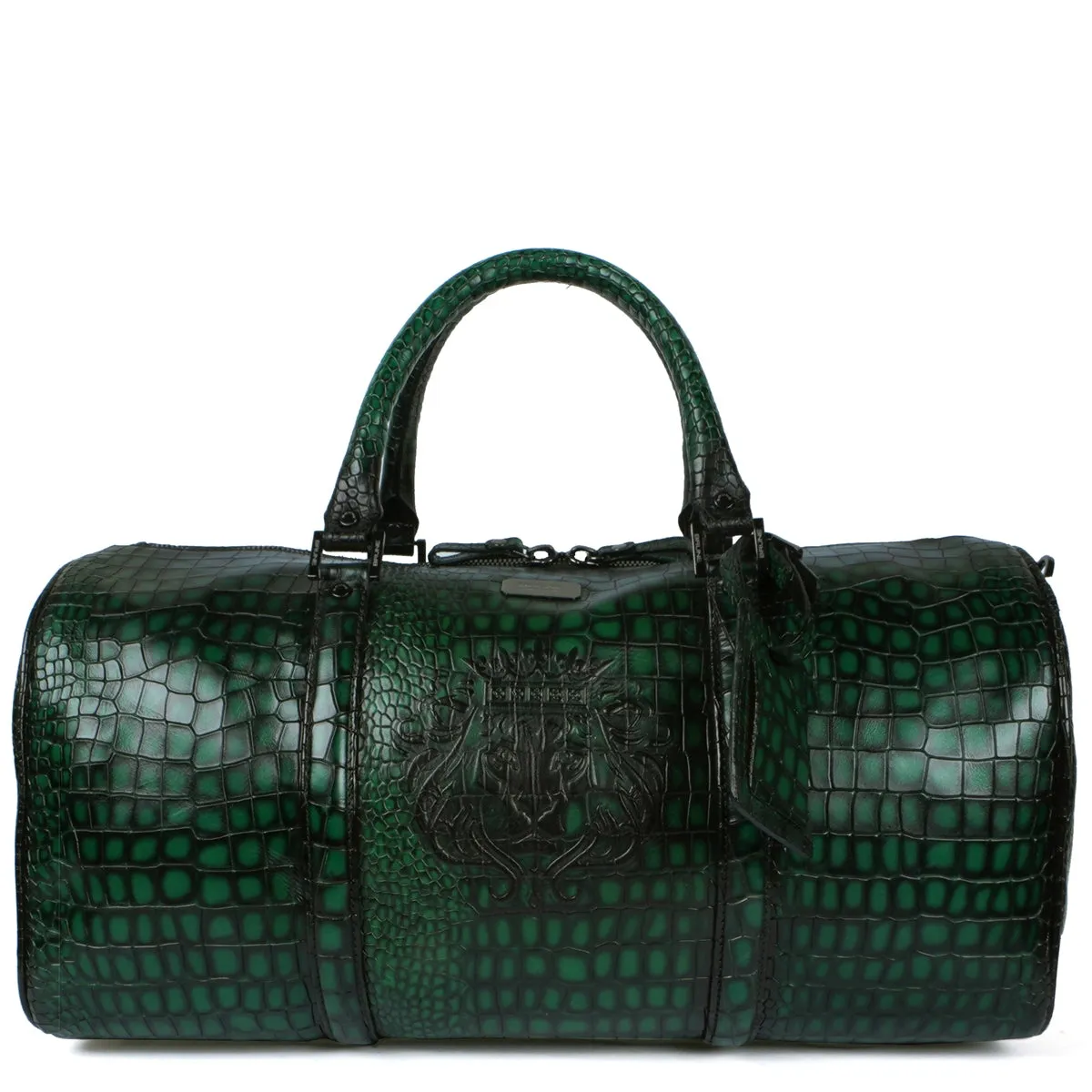 Embossed Lion Smokey Green Croco Textured Leather Duffle Bag with Bag Tag by Brune & Bareskin