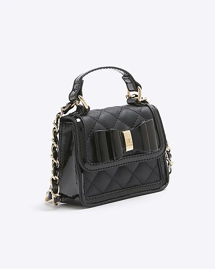 Girls black quilted bow cross body bag