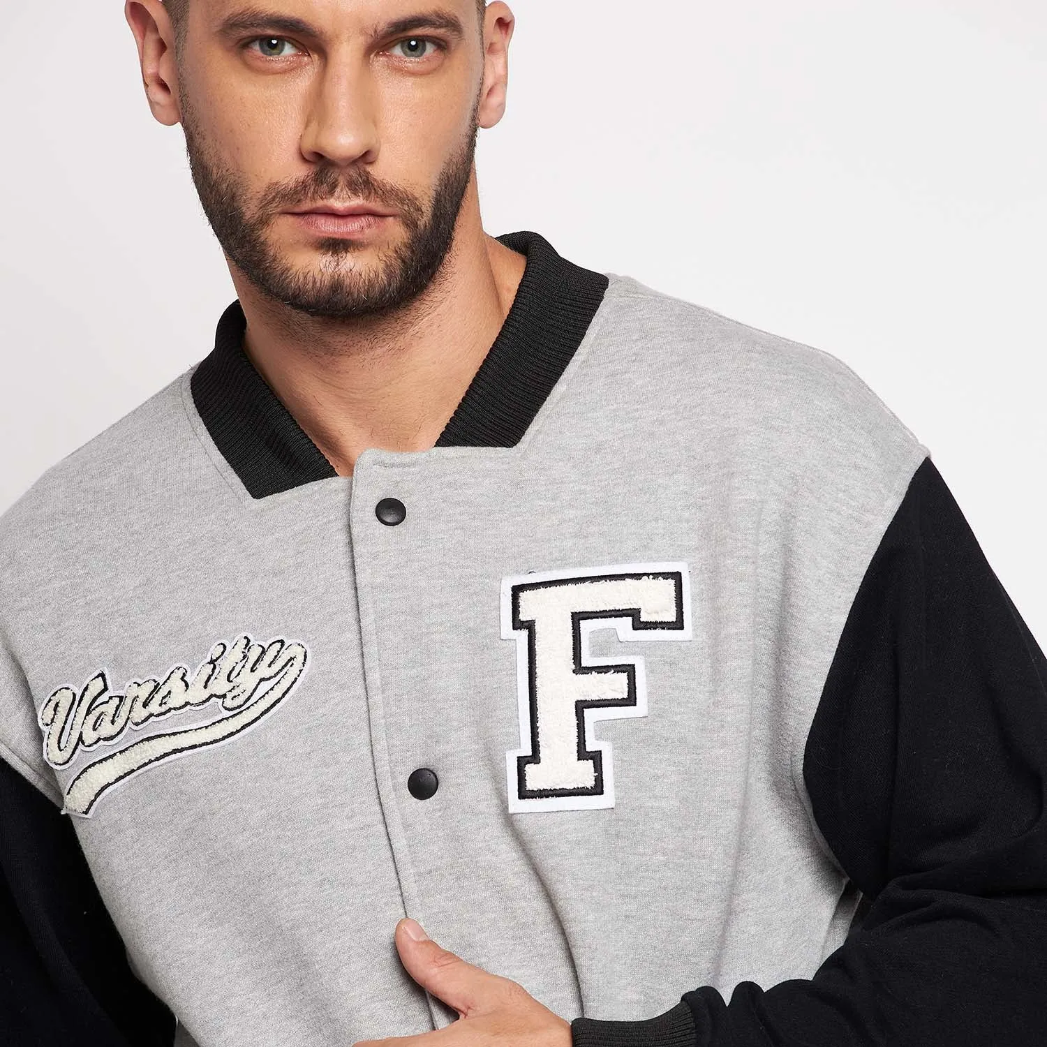 Grey And Black Fleece Varsity Jacket