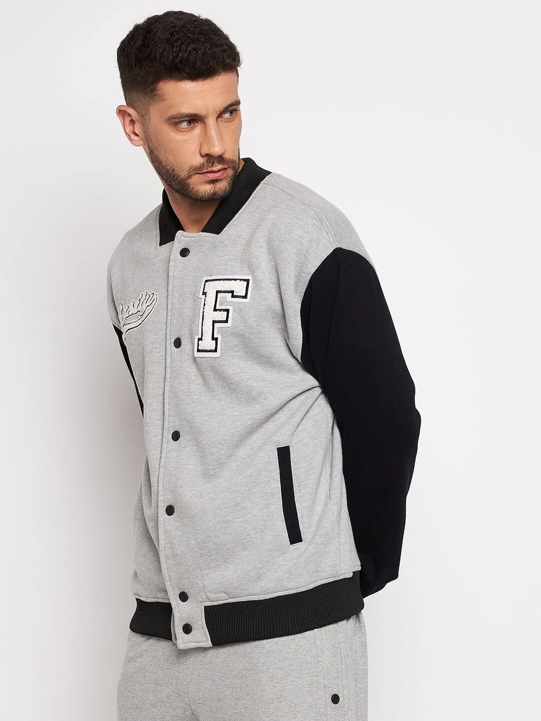 Grey And Black Fleece Varsity Jacket