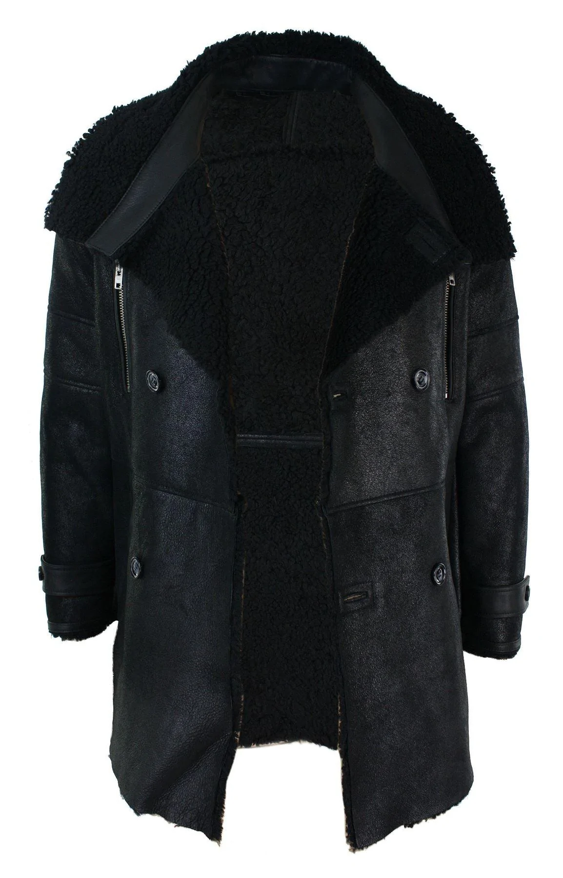 Mens Black 3/4 Military Real Sherling Sheepskin Batman Bane Double Breasted