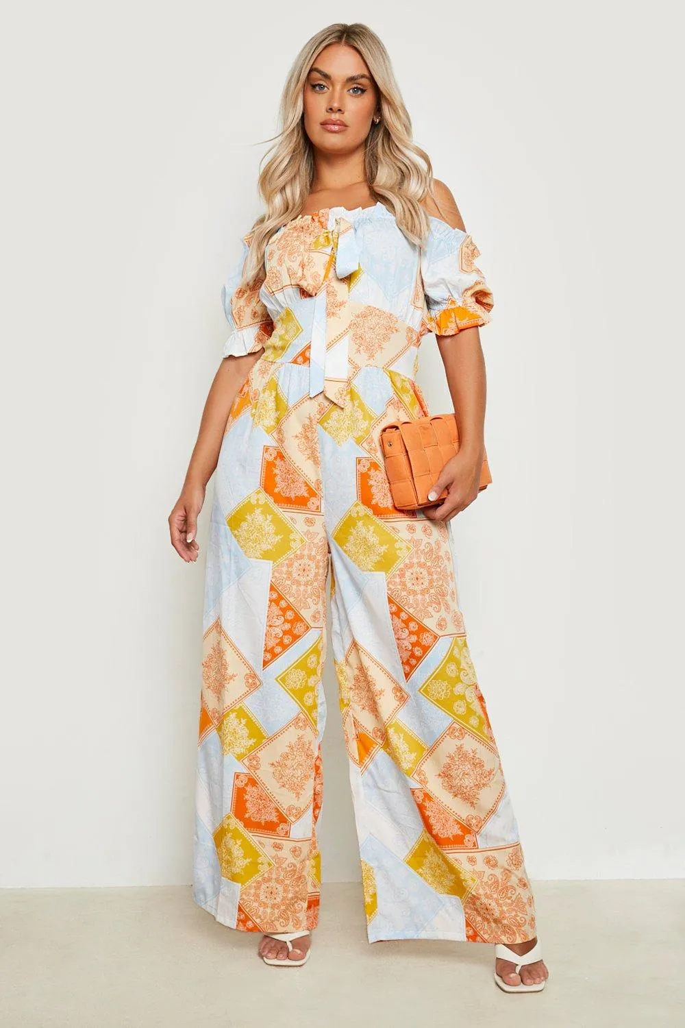 Plus Scarf Print Off The Shoulder Wide Leg Jumpsuit