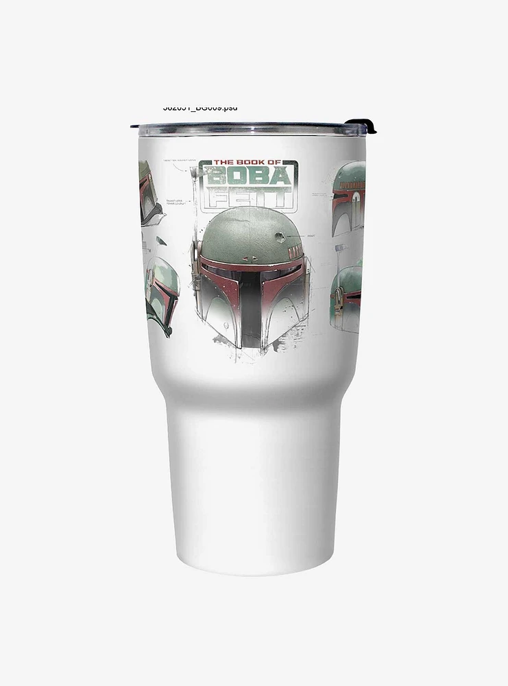 Star Wars The Book of Boba Fett Helmet Schematics White Stainless Steel Travel Mug