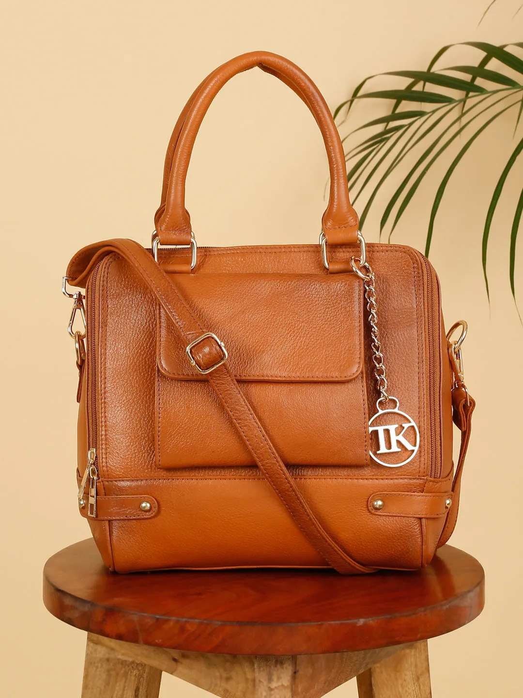 Women Leather Tan Structured Handheld Bag