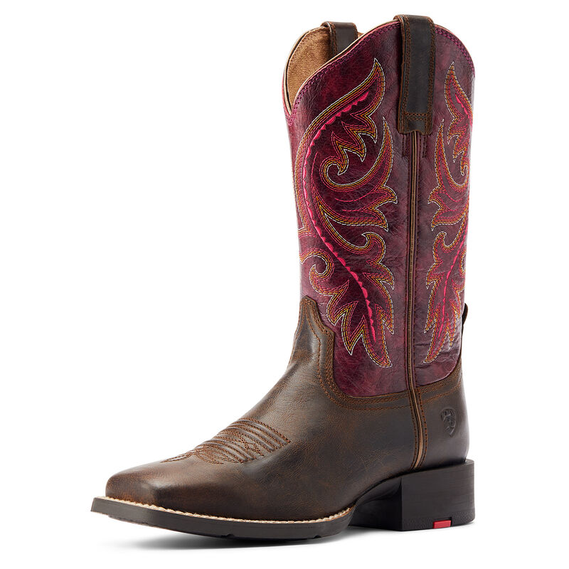 Women's Round Up Back Zip Western Boot in Worn Mocha/Raspberry