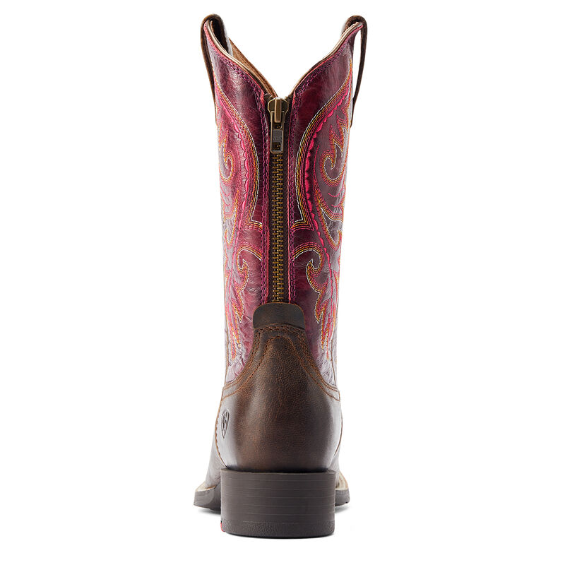 Women's Round Up Back Zip Western Boot in Worn Mocha/Raspberry