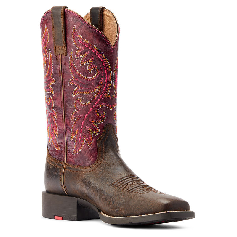 Women's Round Up Back Zip Western Boot in Worn Mocha/Raspberry