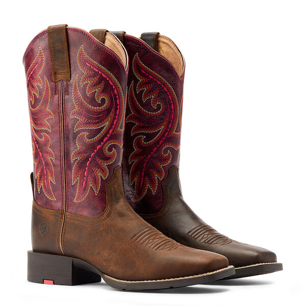 Women's Round Up Back Zip Western Boot in Worn Mocha/Raspberry